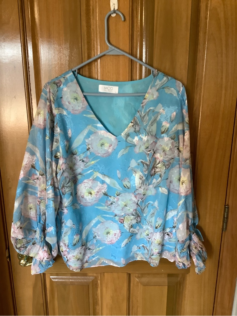 MOD Floral V-Neck Blouse in Light Blue